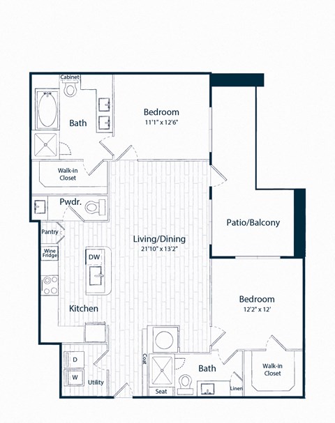Floor plan for 2 beds, 2 baths, 1233 sqft